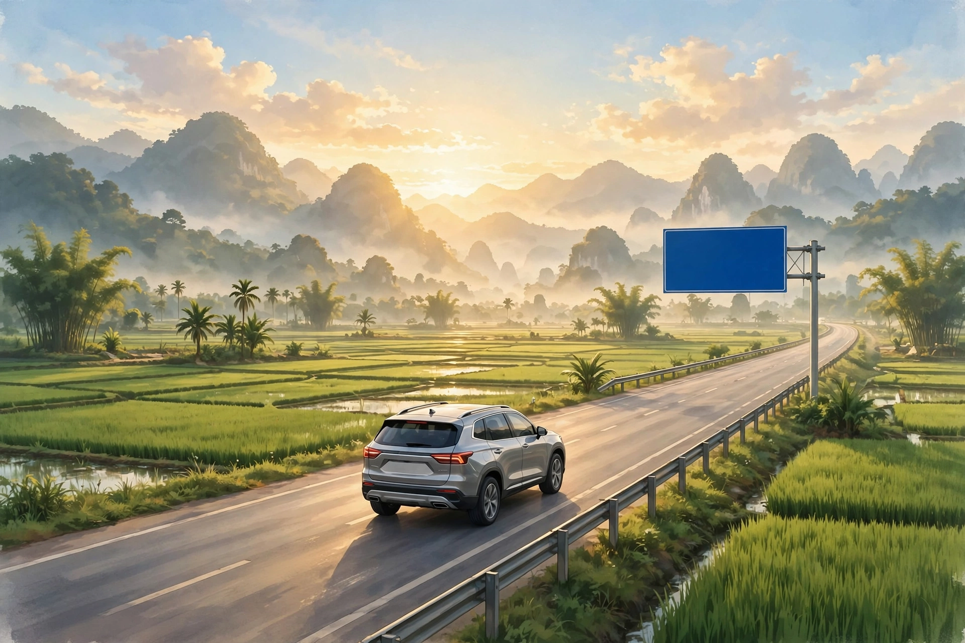 Minh họa ô tô chạy trên cao tốc Việt Nam lúc bình minh