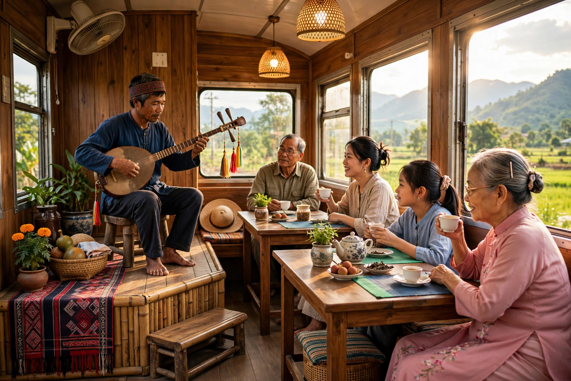 Ảnh minh họa: bên trong toa tàu du lịch Hà Nội – Thái Nguyên, nghệ nhân đánh đàn tính trong khi du khách thưởng trà tại bàn gỗ.